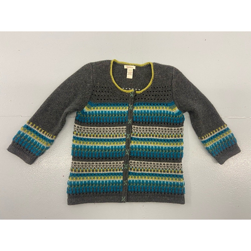 Sundance Womens XS Cardigan‎ Sweater Gray Lambswool Blend 3/4 Sleeve Striped